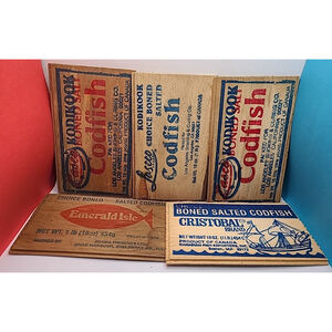 Lot Of 5 Vintage Kodikook , Cristobal & Emerald Isle Codfish Wooden Box Covers